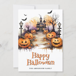 Jack O'Lanterns Bats Ghosts Happy Halloween Card