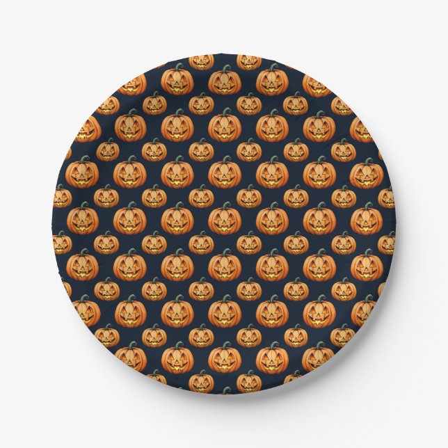 Jack o'Lanterns on Black Halloween Paper Plate (Front)