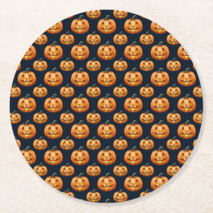 Jack o'Lanterns on Black Halloween Round Paper Coaster