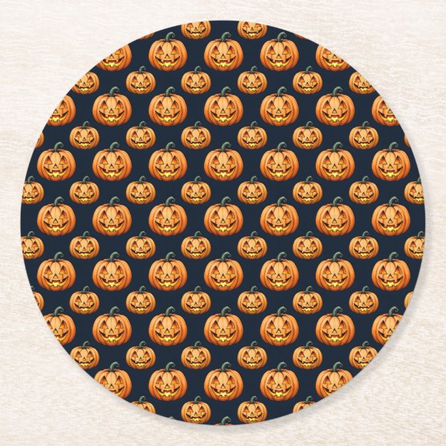 Jack o'Lanterns on Black Halloween Round Paper Coaster (Front)