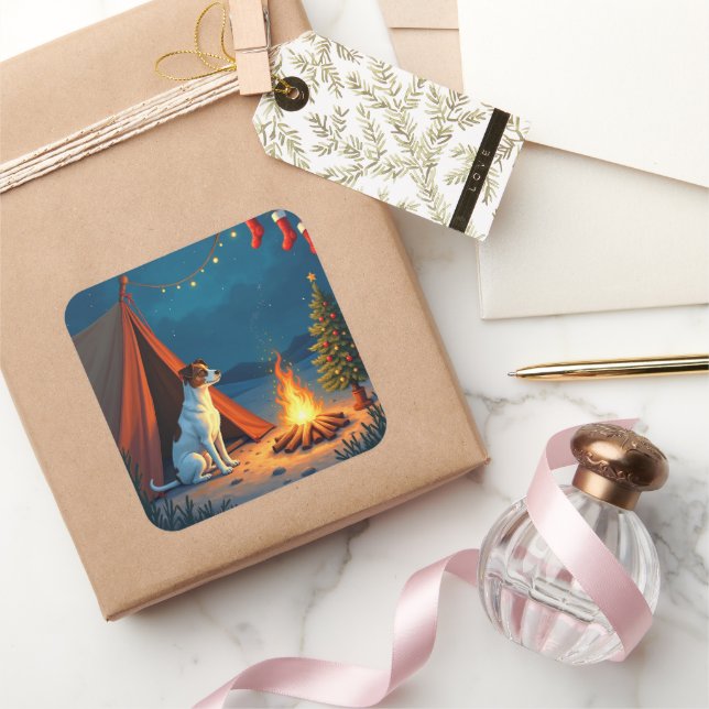 Jack Russell Christmas Camping Night Painting Square Sticker (Gifting)