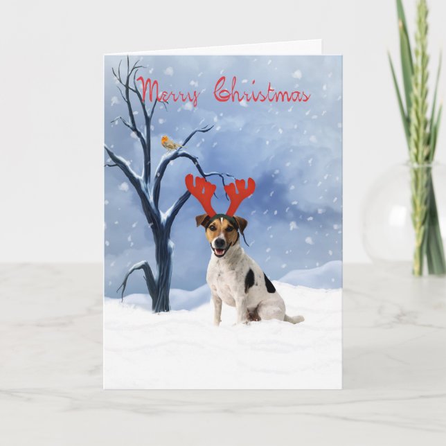 jack russell christmas card - bulldog has reindeer (Front)