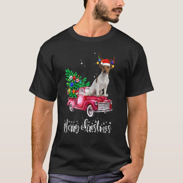 Jack Russell Christmas Ride Red Truck T-Shirt (Front)