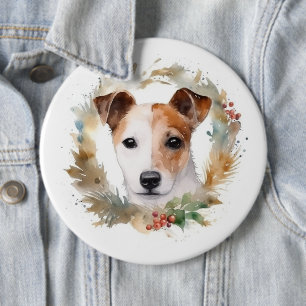 Jack Russell Christmas Wreath Festive Pup 6 Inch Round Button