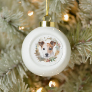 Jack Russell Christmas Wreath Festive Pup  Ceramic Ball Christmas Ornament