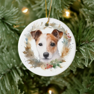 Jack Russell Christmas Wreath Festive Pup  Ceramic Ornament