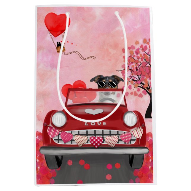 Jack Russell Dog Car with Hearts Valentine's  Medium Gift Bag (Front)