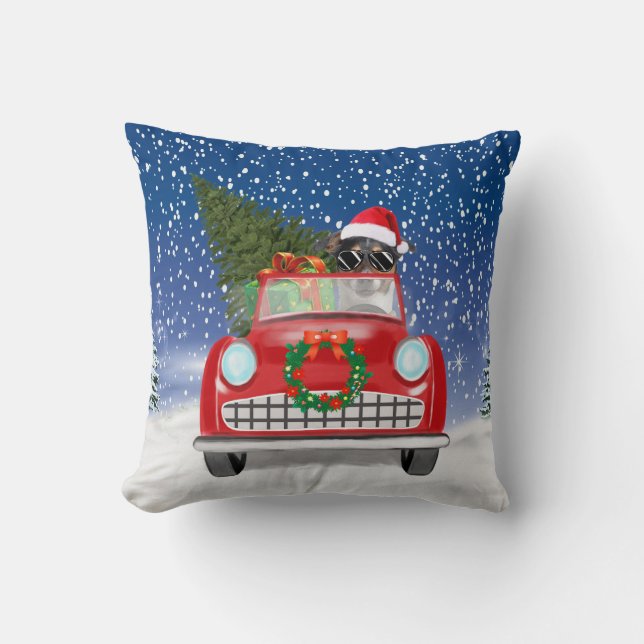 Jack Russell Dog Driving Car In Snow Christmas Throw Pillow (Front)