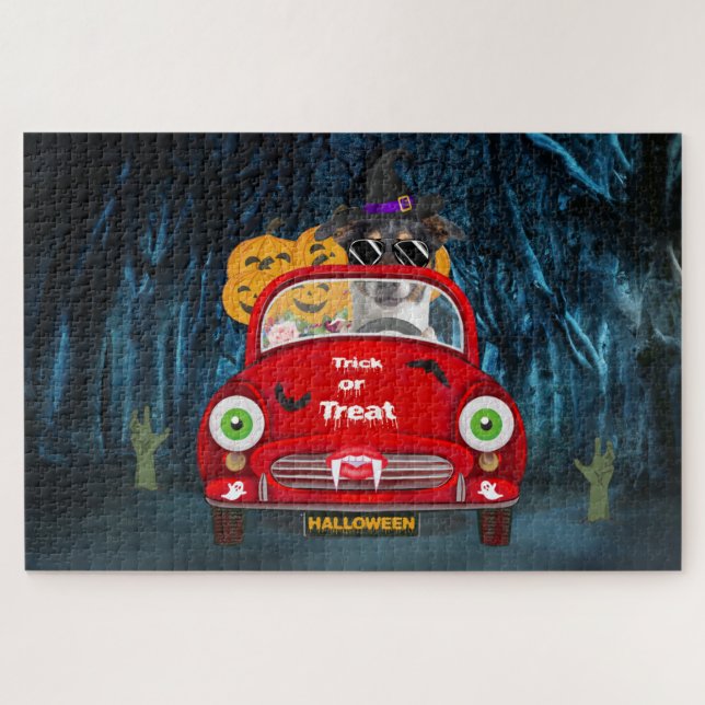 Jack Russell Dog Driving Car Scary Halloween Jigsaw Puzzle (Horizontal)