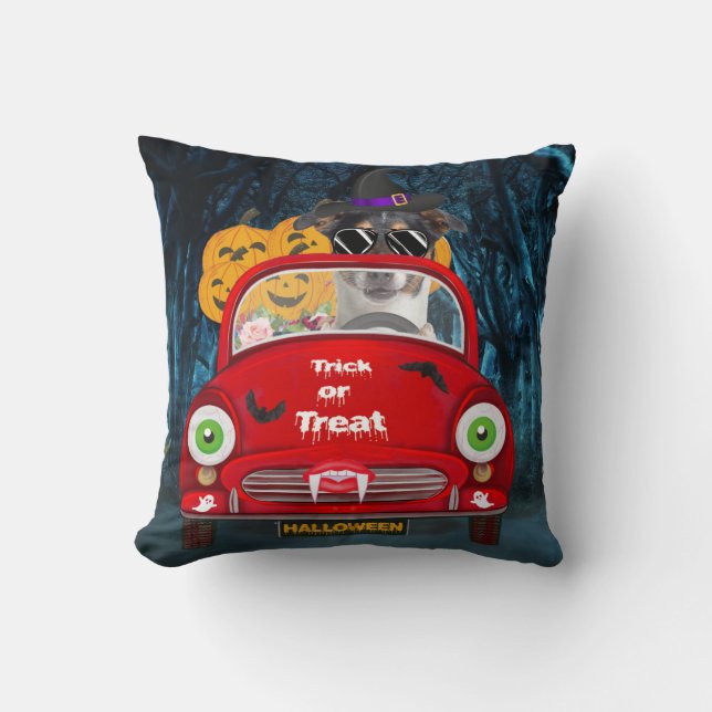 Jack Russell Dog Driving Car Scary Halloween  Throw Pillow (Front)