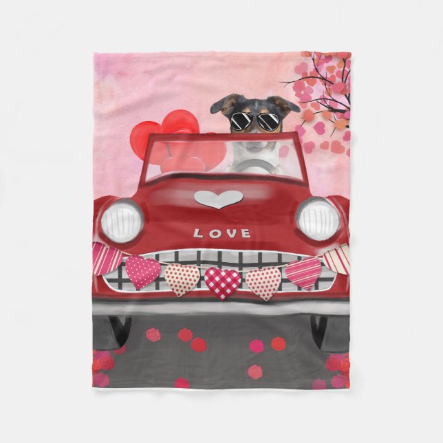Jack Russell dog driving car Valentine's Day Fleece Blanket (Front)