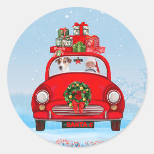 Jack Russell  Dog In Car With Santa Claus Classic Round Sticker