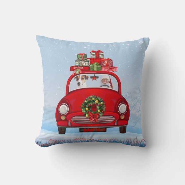 Jack Russell  Dog In Car With Santa Claus Throw Pillow (Front)