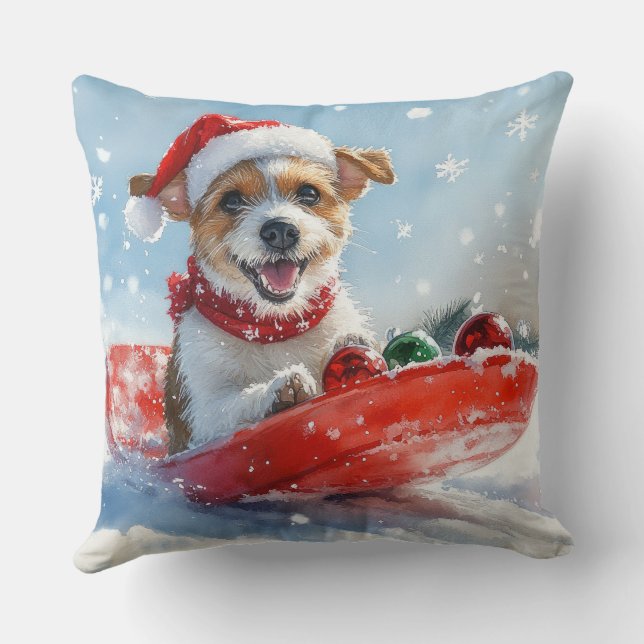 Jack Russell Dog in Sledge Let it Snow Christmas Throw Pillow (Back)