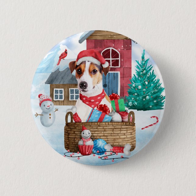 Jack Russell Dog In snow Christmas Dog House 2 Inch Round Button (Front)