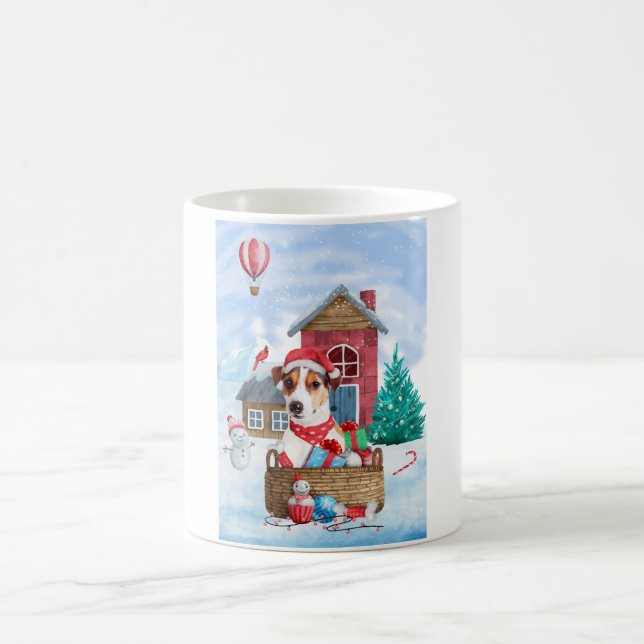 Jack Russell Dog In snow Christmas Dog House Coffee Mug (Center)