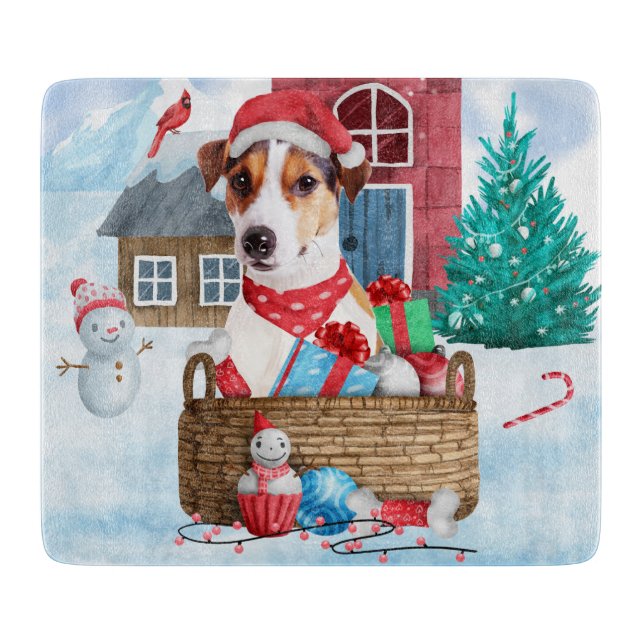 Jack Russell Dog In snow Christmas Dog House Cutting Board (Front)