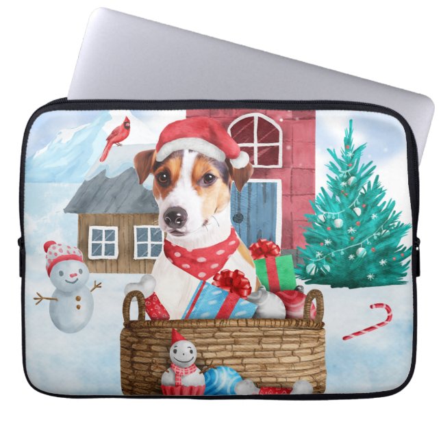 Jack Russell Dog In snow Christmas Dog House Laptop Sleeve (Front)