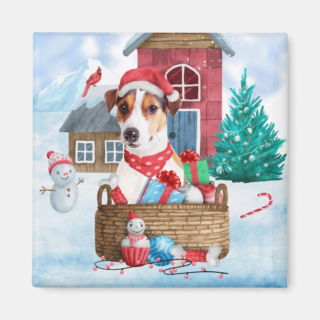 Jack Russell Dog In snow Christmas Dog House Magnet (Front)