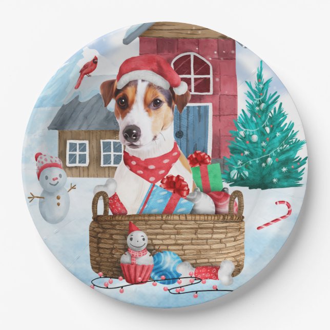 Jack Russell Dog In snow Christmas Dog House Paper Plate (Front)