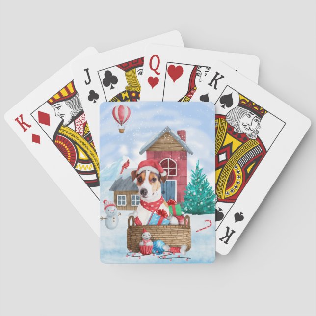 Jack Russell Dog In snow Christmas Dog House Playing Cards (Back)