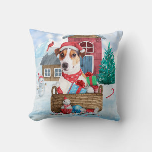 Jack Russell Dog In snow Christmas Dog House  Throw Pillow