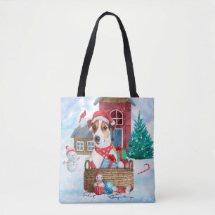 Jack Russell Dog In snow Christmas Dog House Tote Bag