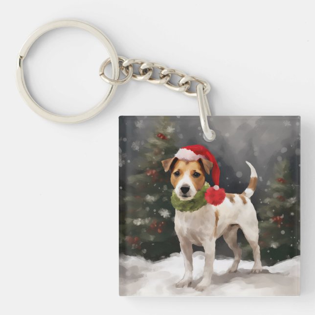 Jack Russell Dog in Snow Christmas Keychain (Front)