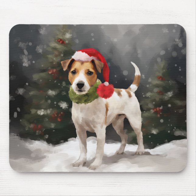 Jack Russell Dog in Snow Christmas Mouse Pad (Front)