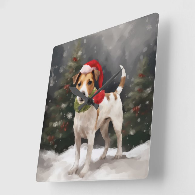 Jack Russell Dog in Snow Christmas Square Wall Clock (Angle)