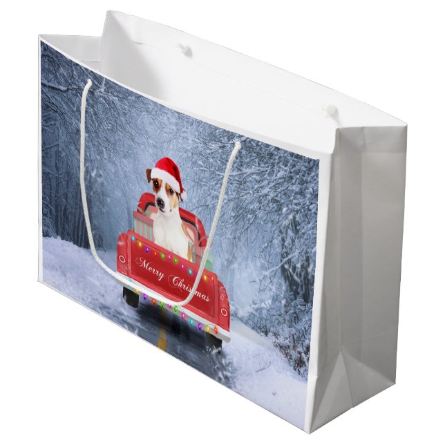 Jack Russell Dog in Snow sitting in Christmas Large Gift Bag (Front Angled)