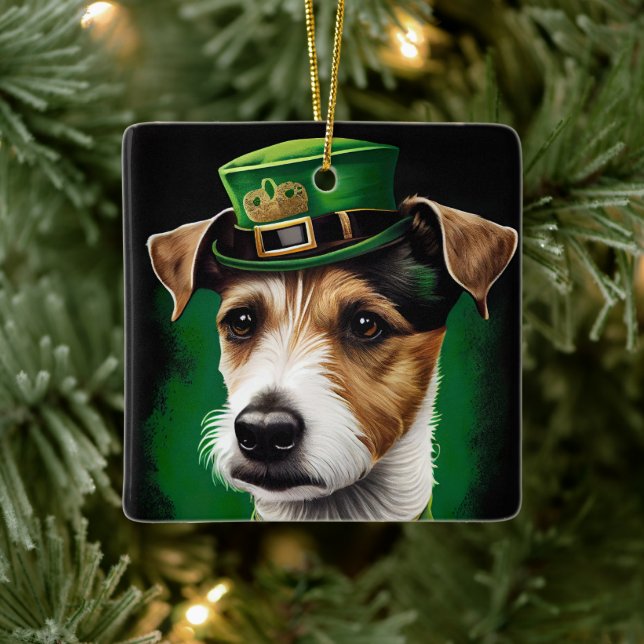 Jack Russell Dog in St. Patrick's Day Dress Ceramic Ornament (Tree)