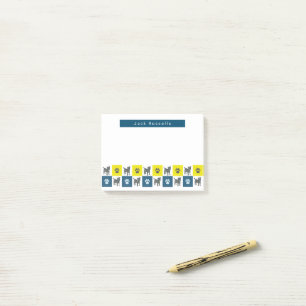 Jack Russell Dog & Paw Yellow&Blue Grid Silhouette Post-it Notes