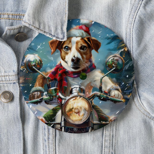 Jack Russell Dog Riding Motorcycle Christmas  6 Inch Round Button (In Situ)