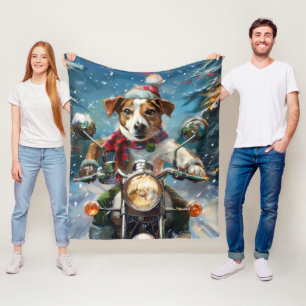 Jack Russell Dog Riding Motorcycle Christmas  Fleece Blanket