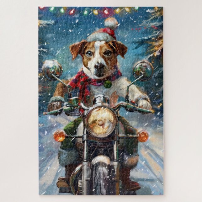 Jack Russell Dog Riding Motorcycle Christmas  Jigsaw Puzzle (Vertical)