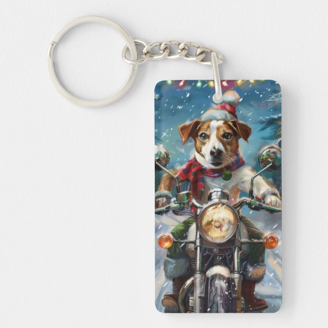 Jack Russell Dog Riding Motorcycle Christmas  Keychain (Front)