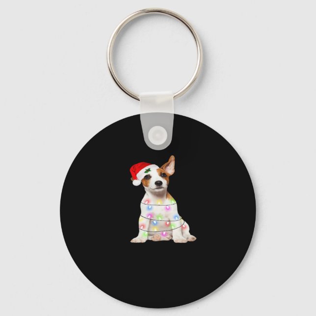 Jack Russell dog Santa Christmas Tree Lights Xmas  Keychain (Front)