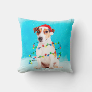 jack russell Dog Sitting in snow with Santa Hat Throw Pillow
