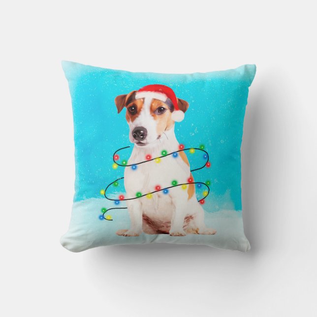 jack russell Dog Sitting in snow with Santa Hat Throw Pillow (Front)