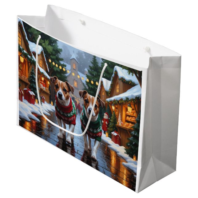 Jack Russell Dogs Christmas Snow Holiday Large Gift Bag (Front Angled)