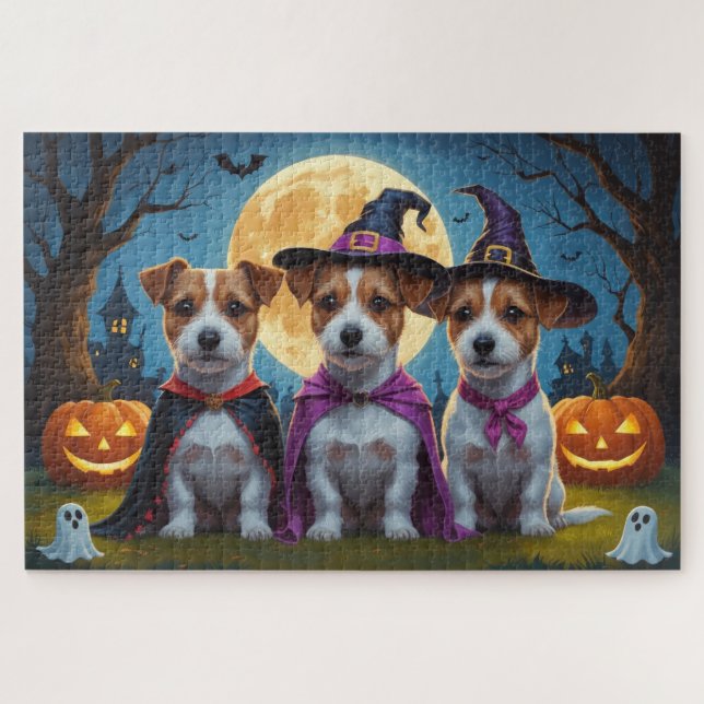 Jack Russell Dogs Pumpkin Halloween Funny Jigsaw Puzzle (Horizontal)