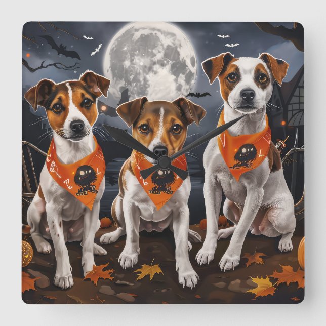 Jack Russell Halloween Spooky Square Wall Clock (Front)