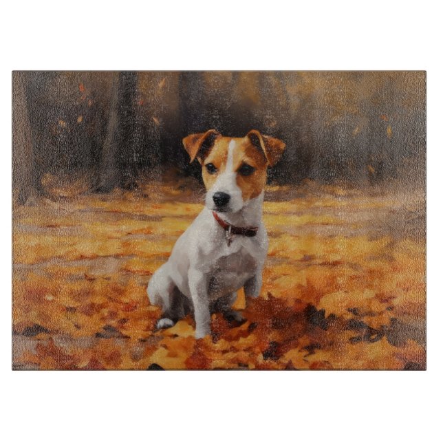 Jack Russell in Autumn Leaves Fall Inspire Cutting Board (Front)