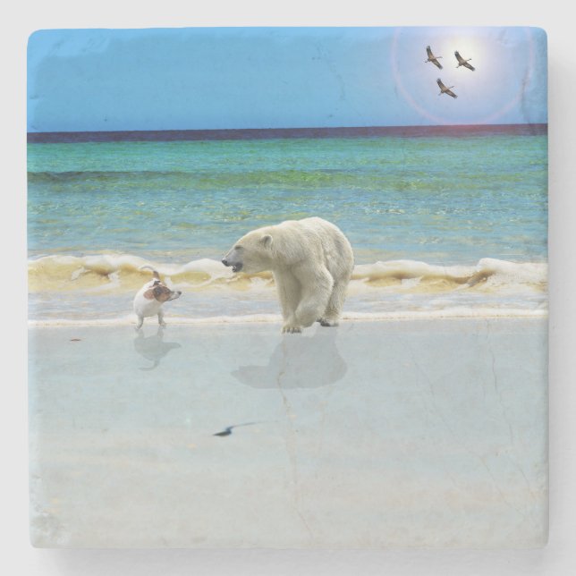 Jack Russell Meet Polar Bear, Stone Coaster (Front)