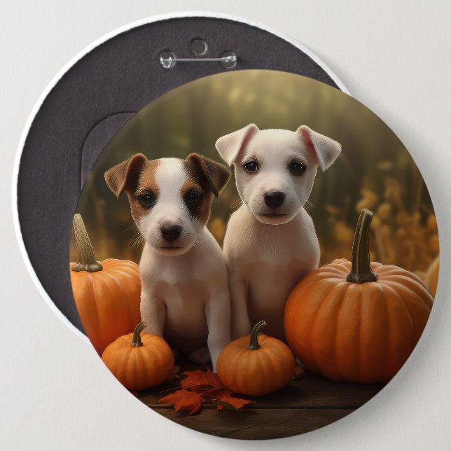 Jack Russell Puppy Autumn Delight Pumpkin  6 Inch Round Button (Front & Back)
