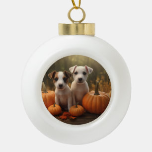 Jack Russell Puppy Autumn Delight Pumpkin  Ceramic Ball Christmas Ornament
