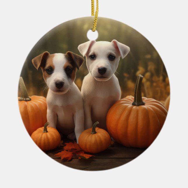 Jack Russell Puppy Autumn Delight Pumpkin  Ceramic Ornament (Front)