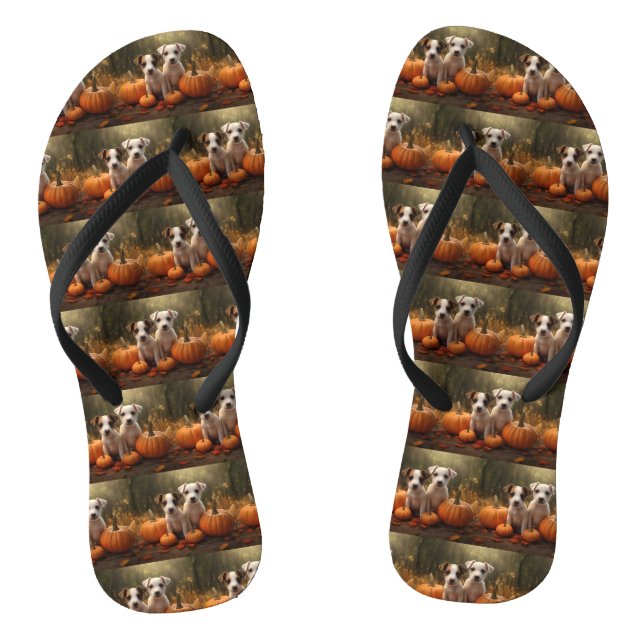 Jack Russell Puppy Autumn Delight Pumpkin  Flip Flops (Footbed)