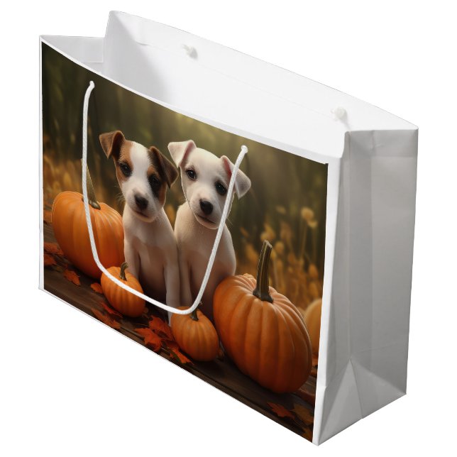 Jack Russell Puppy Autumn Delight Pumpkin  Large Gift Bag (Front Angled)